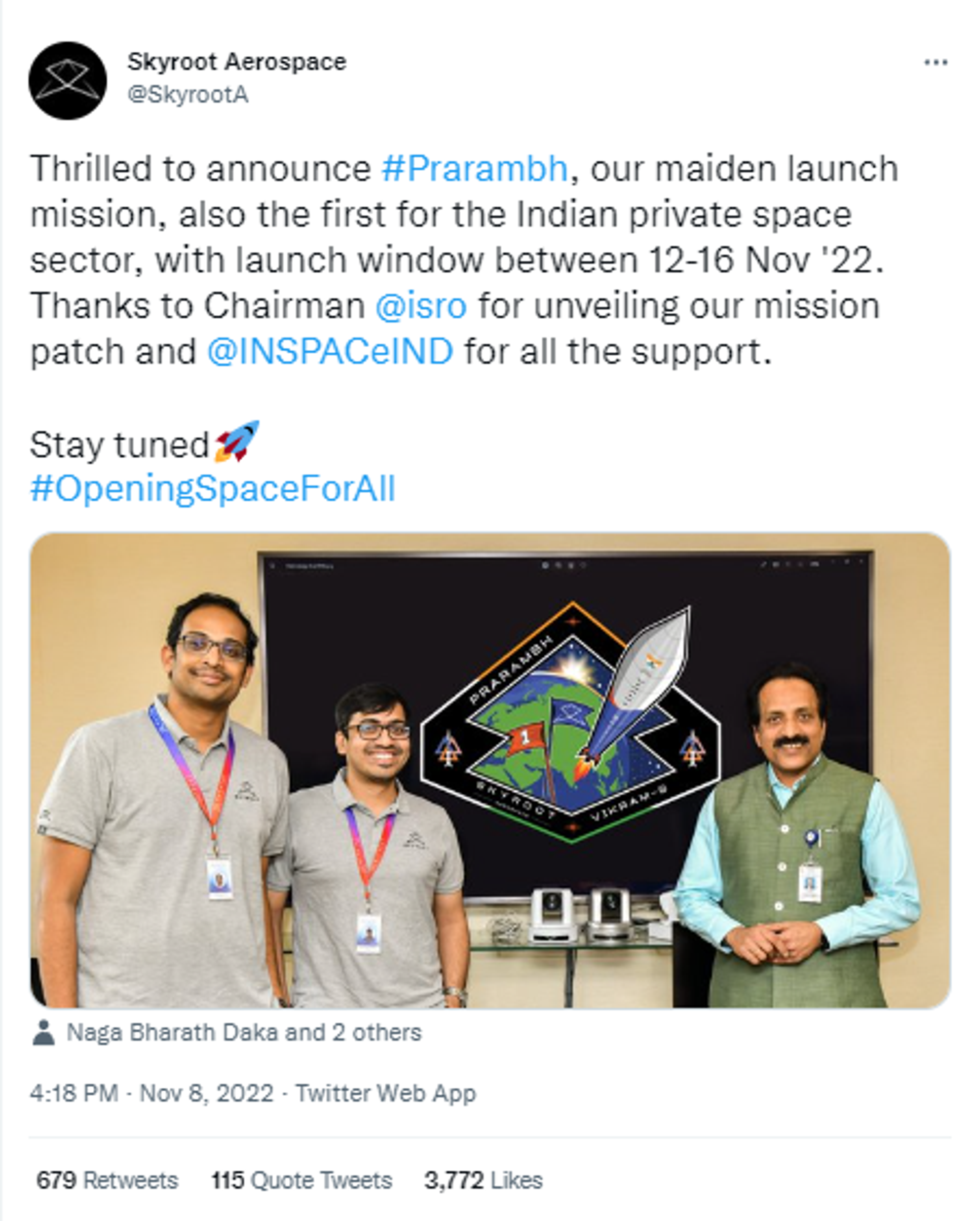 Twitter screenshot of rocket scientists Naga Bharath Daka and Pawan Kumar Chandana, co-founded Skyroot Aerospace, along with ISRO Chairman K. Sivan - Sputnik International, 1920, 14.11.2022