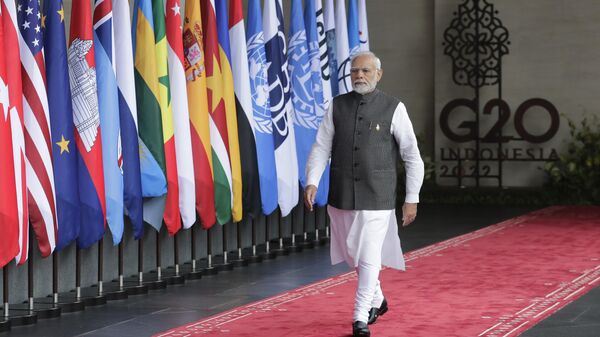 Indian Prime Minister Narendra Modi arrives during the G20 Summit in Nusa Dua, Bali, Indonesia, Tuesday Nov. 15, 2022. - Sputnik International