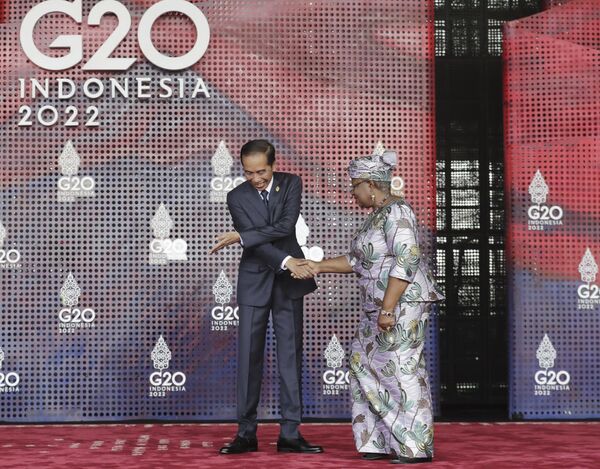 Президент Индонезии Джоко Видодо и генеральный директор ВТО Нгози Оконджо-Ивеала на саммите G20 в Индонезии  - Sputnik International