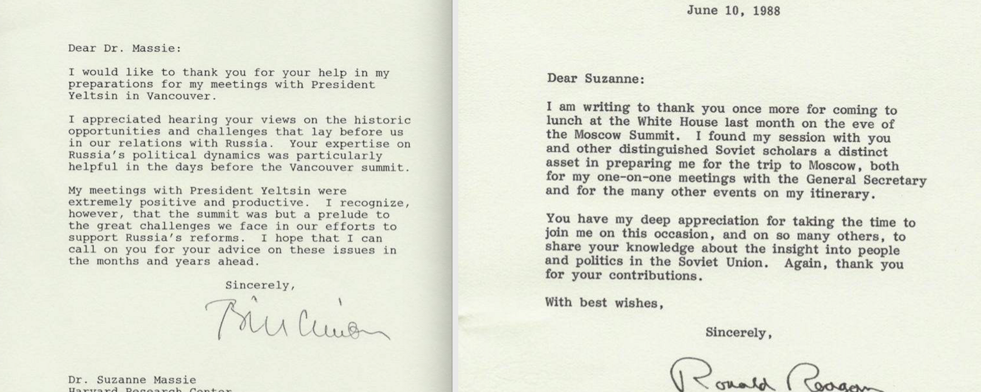 Letters from former US Presidents Bill Clinton and Ronald Reagan provided to Sputnik courtesy of Suzanne Massie, who served as White House adviser during the Reagan administration. - Sputnik International, 1920, 09.06.2023