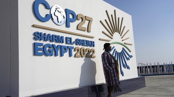 A woman poses for a photo in front of a sign at the COP27 U.N. Climate Summit, Wednesday, Nov. 16, 2022, in Sharm el-Sheikh, Egypt. - Sputnik International