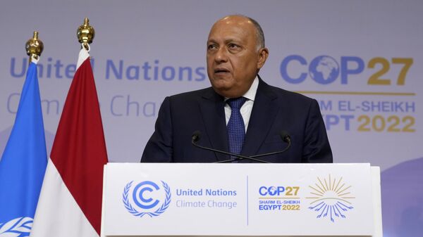 Sameh Shoukry, president of the COP27 climate summit, speaks at the summit, Saturday, Nov. 19, 2022, in Sharm el-Sheikh, Egypt. - Sputnik International