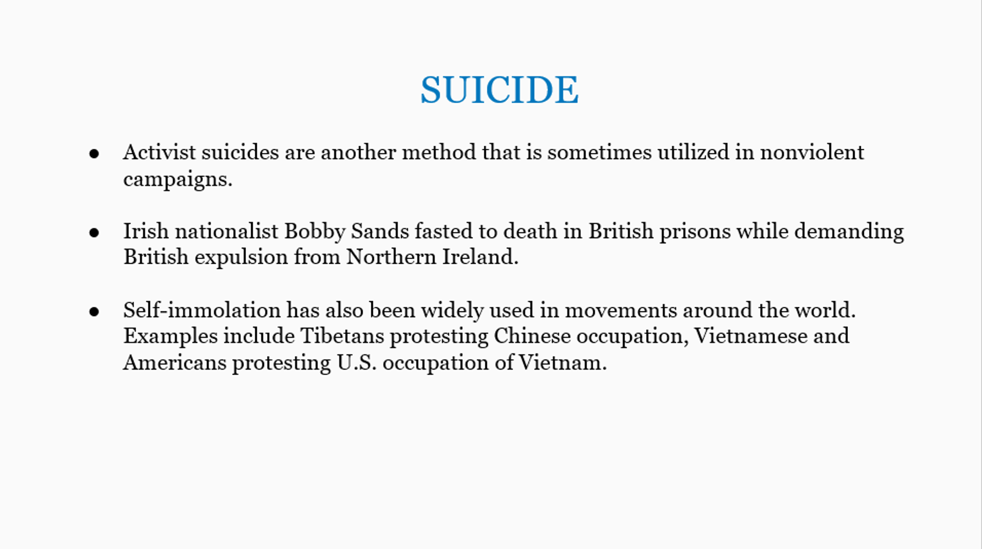 DAI presentation slide on the suicide as another method that is sometimes utilized in nonvivolent campaigns. - Sputnik International, 1920, 19.11.2022