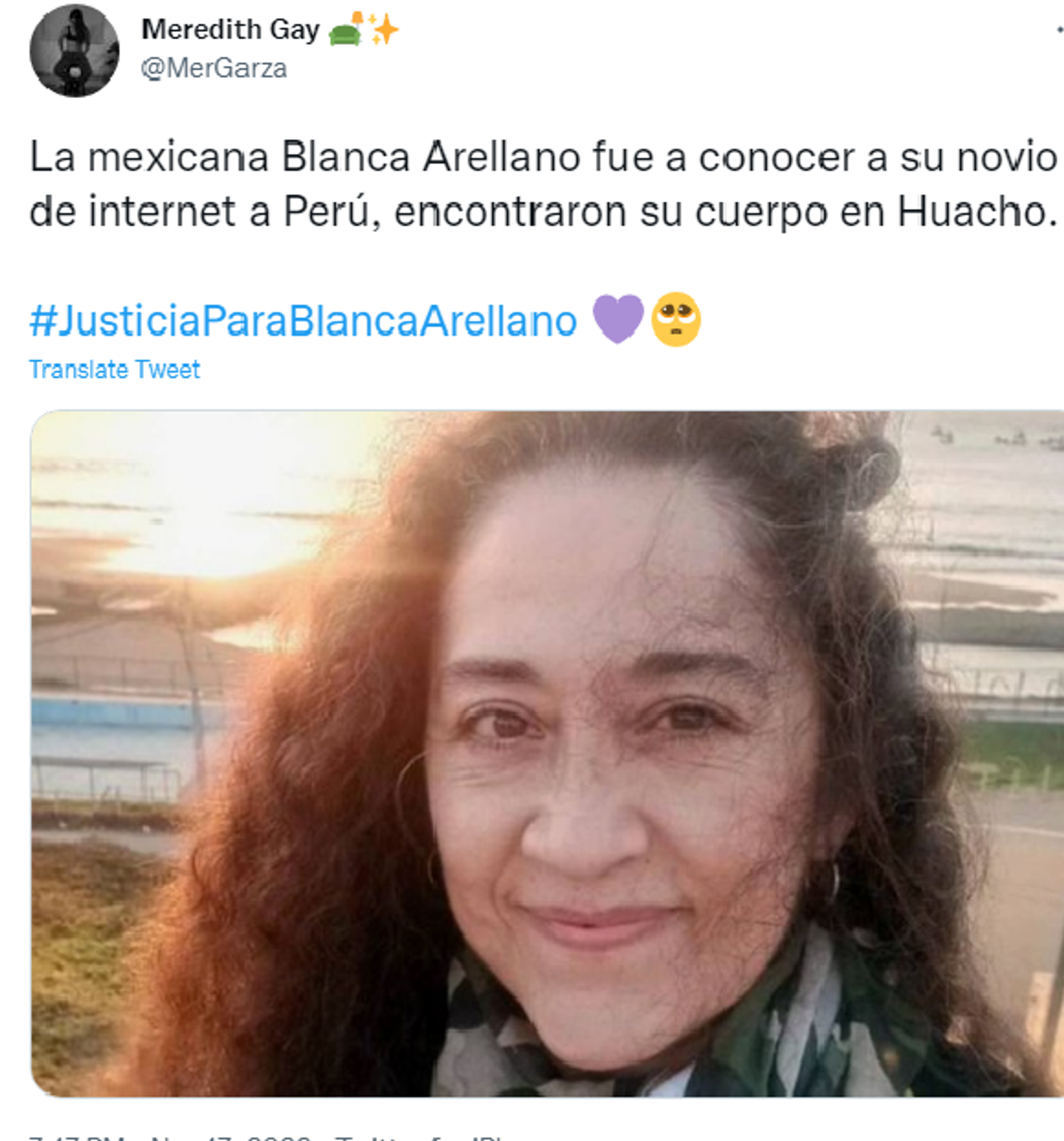 Twitter screenshot featuring photo of Blanca Arellano, Mexican woman found dead in Peru. - Sputnik International, 1920, 26.11.2022