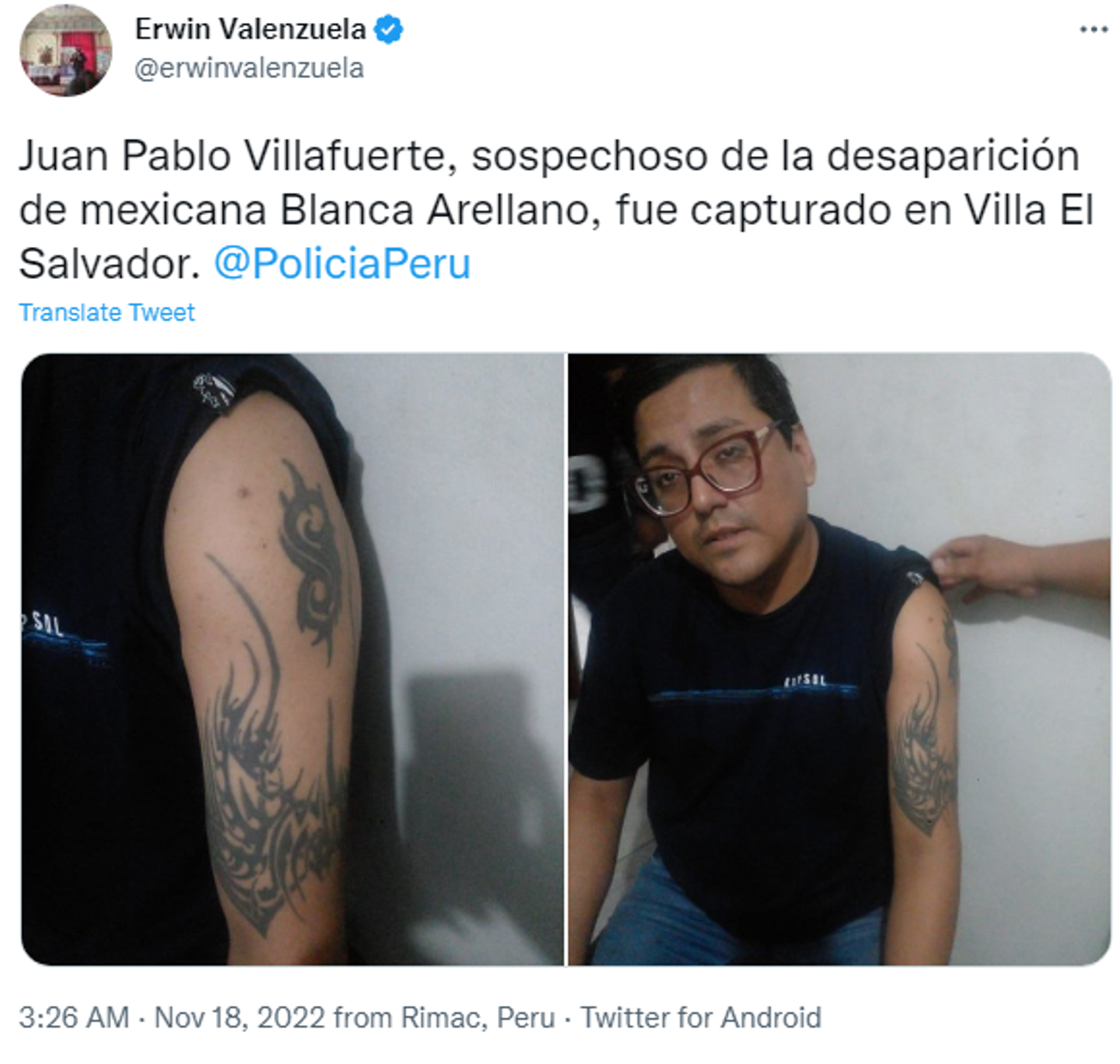 Twitter screenshot featuring Juan Pablo Villafuerte, suspect in murder of Mexican woman Blanca Arellano. - Sputnik International, 1920, 26.11.2022