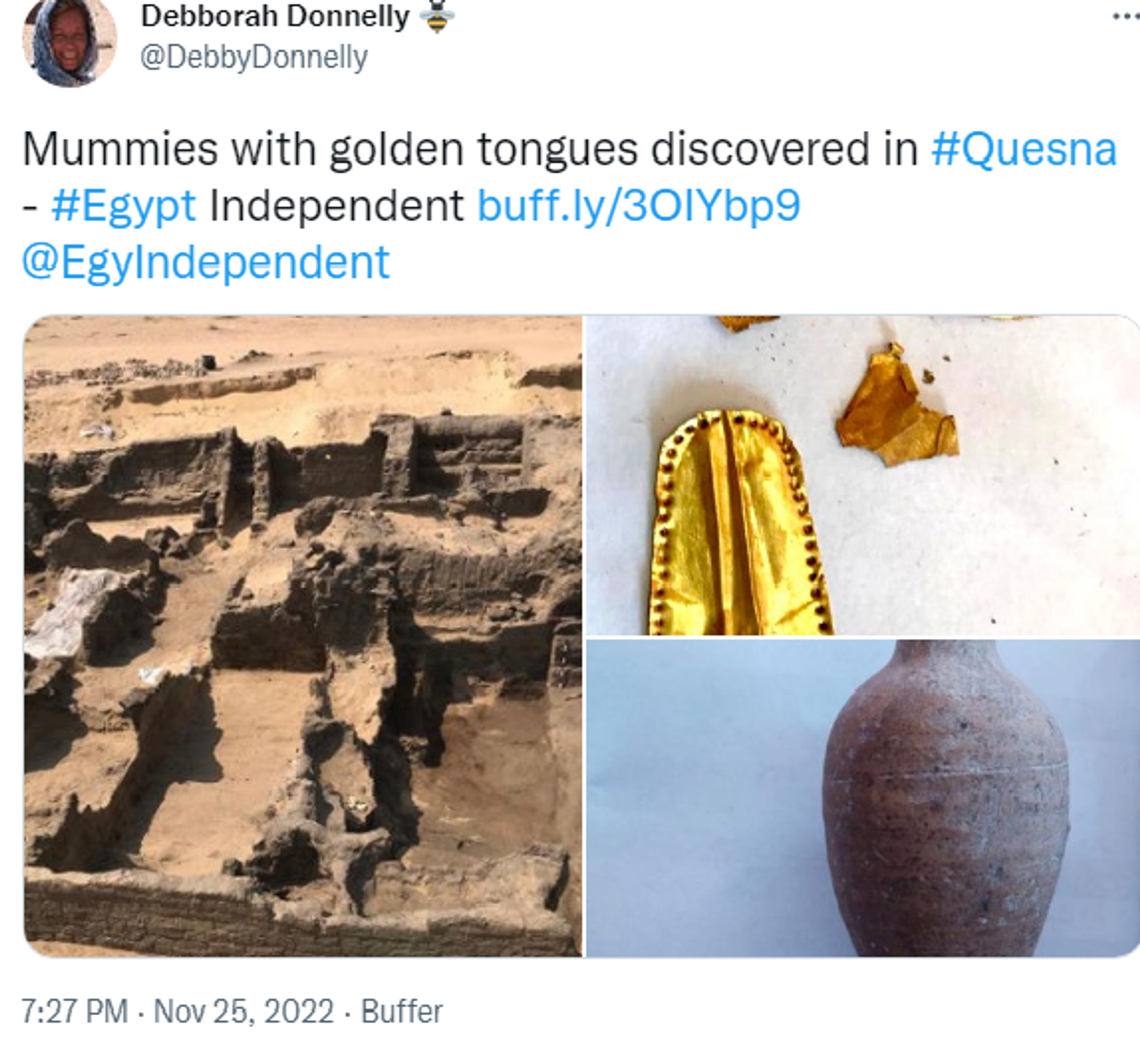Twitter screenshot showing mummies with golden tongues discovered in Quesna, Egypt - Sputnik International, 1920, 26.11.2022