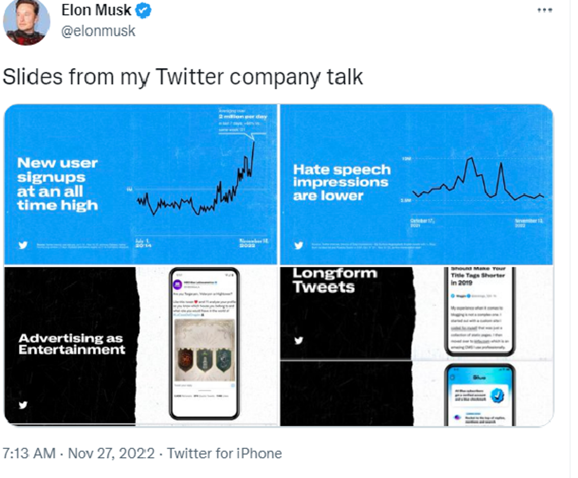 Twitter screenshot of Elon Musk sharing some slides from his Twitter company talk on November 27, 20022. - Sputnik International, 1920, 27.11.2022