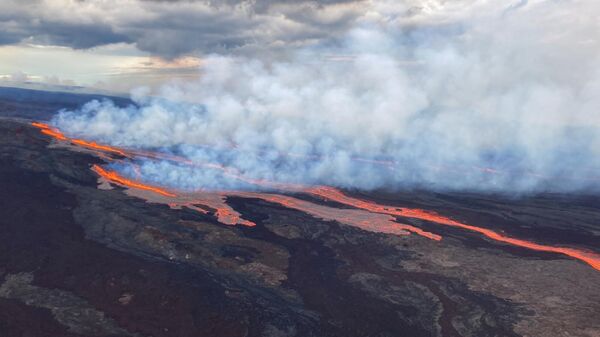 In this aerial photo released by the U.S. Geological Survey, the Mauna Loa volcano is seen erupting from vents on the Northeast Rift Zone on the Big Island of Hawaii, Monday, Nov. 28, 2022. Hawaii's Mauna Loa, the world's largest active volcano, began spewing ash and debris from its summit, prompting civil defense officials to warn residents on Monday to prepare in case the eruption causes lava to flow toward communities. - Sputnik International