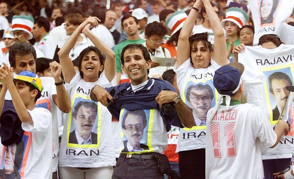 The Iranian left-wing opposition organization Mojahedin-e-Khalq (MEK) bought most of the match tickets and brought fans to the stadium with political, non-football banners and photos (portraits of opposition leader Massoud Rajavi), which added spice to the game.Above: Iranian supporters of the Iranian National Resistance Council (CNRI) displaying portraits of Mujahedeen leader and CNRI President Massoud Radjavi, cheer on June 21 at the Gerland stadium in Lyon, central France, before the 1998 Soccer World Cup Group F first round match between Iran and the United States.   - Sputnik International