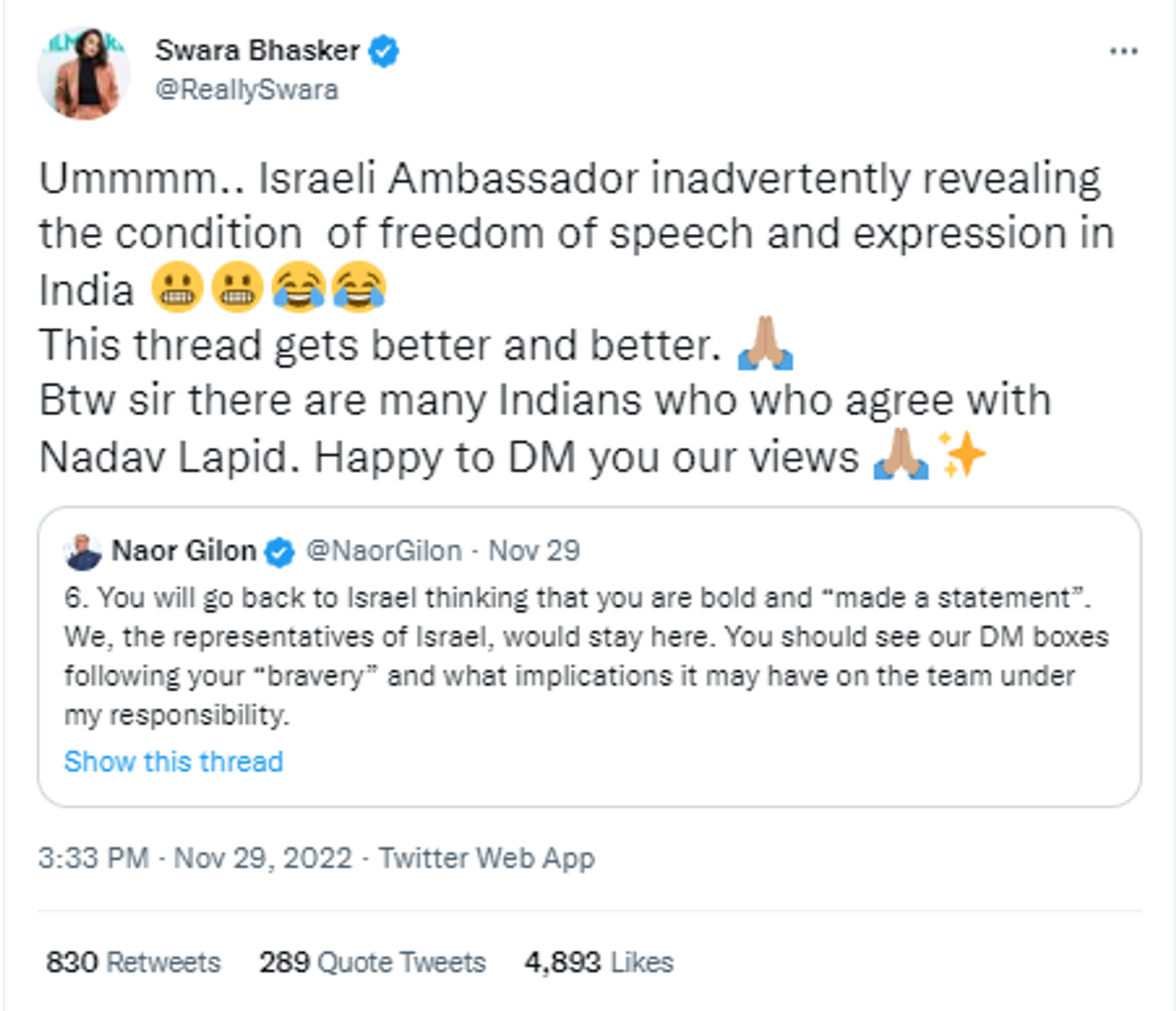 Bollywood actress Swara Bhasker react to Israeli filmmaker Nadav Lapid's remark on The Kashmir Files  - Sputnik International, 1920, 30.11.2022