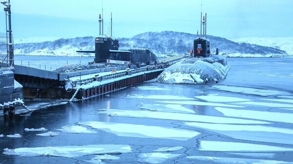 Borei and Delfin-class submarines docked in Murmansk region. File photo. - Sputnik International