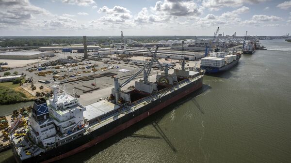 In this photo provided by the Georgia Ports Authority, three vessels work to load and unload cargo at the Georgia Ports Authority Ocean Terminal, June 24, 2022 in Savannah, Georgia. - Sputnik International