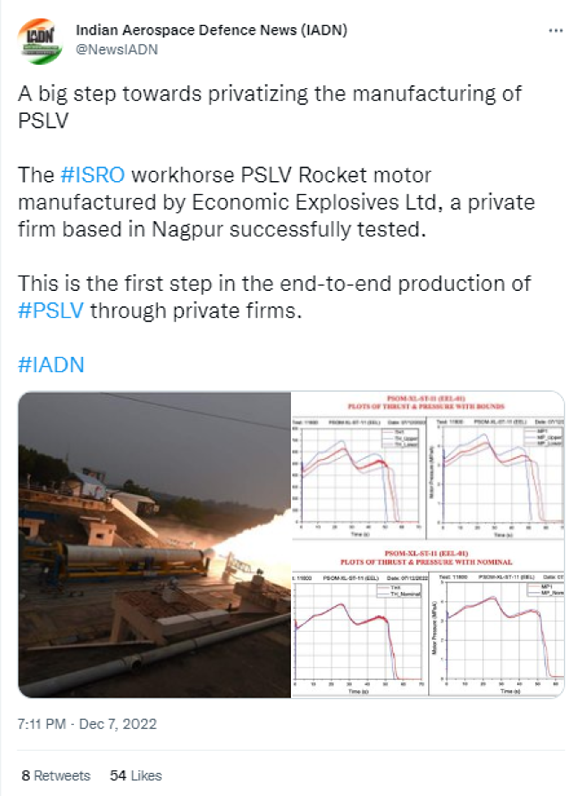 Twitter screenshot of PSLV-XL Rocket Motor successfully passed by Indian Space Research Organization - Sputnik International, 1920, 08.12.2022