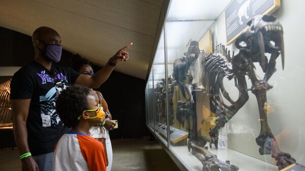Visitors tour a California Saber-Tooth fossil exhibit on the reopening day of the George C. Page Museum at the La Brea Tar Pits - Sputnik International