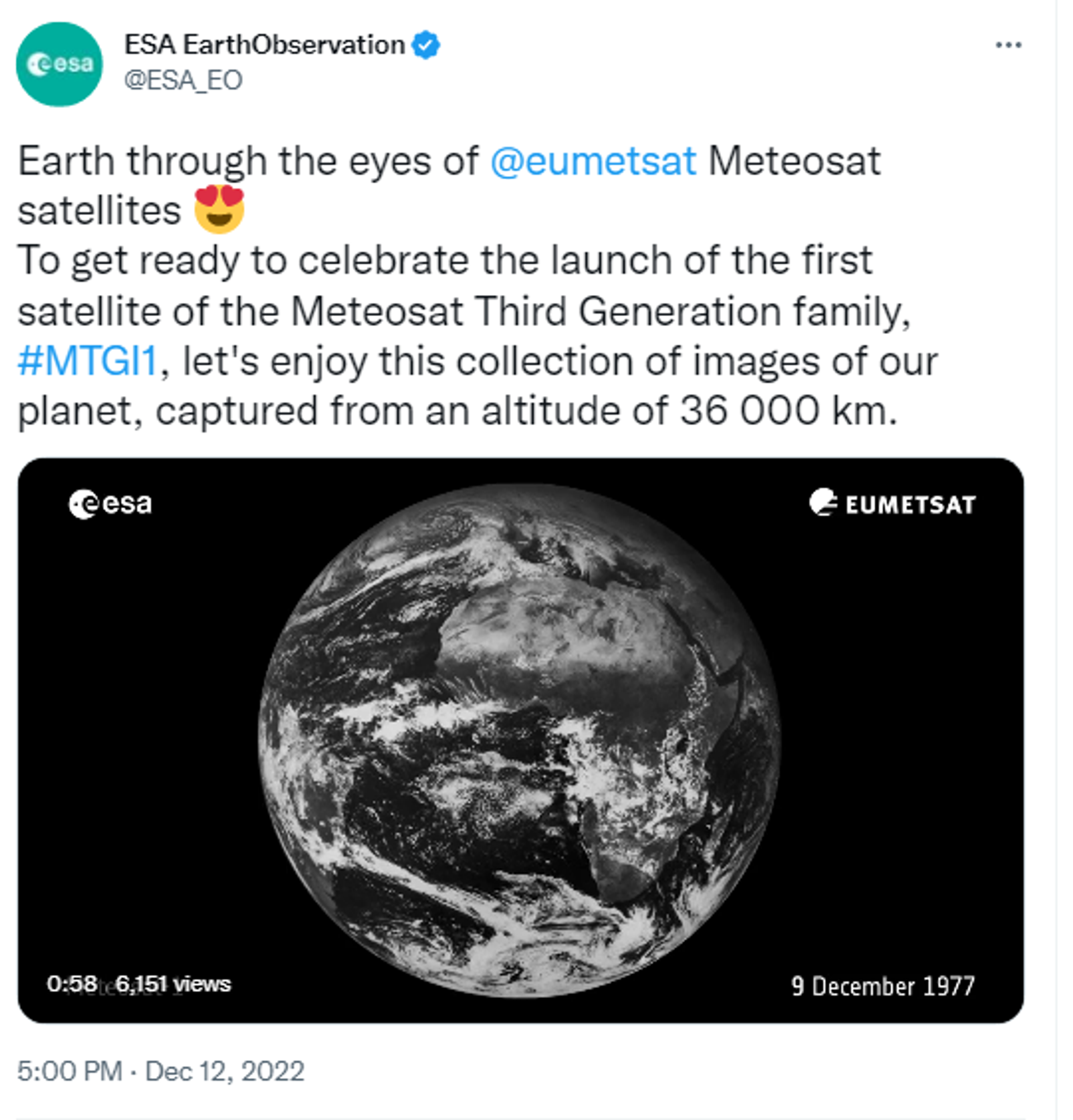 Twitter screenshot on launch of the first satellite of the Meteosat Third Generation family, MTGI1. - Sputnik International, 1920, 13.12.2022