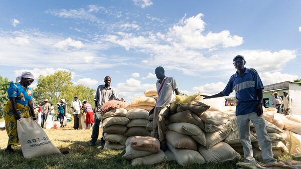 A woman carries a full bag of donated maize grain, on March 13, 2019, in the Mutoko rural area of Zimbabwe. - Sputnik International