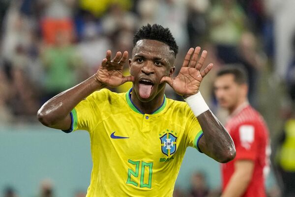 Brazil&#x27;s Vinicius Junior celebrates after scoring a disallowed goal during the World Cup group G soccer match between Brazil and Switzerland at the Stadium 974 in Doha, Qatar, Monday, November 28, 2022. (AP Photo/Andre Penner) - Sputnik International
