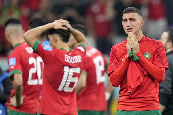 Morocco&#x27;s Bilal El Khannous reacts after the World Cup semifinal between France and Morocco at the Al Bayt Stadium in Al Khor, Qatar, Wednesday, December 14, 2022. (AP Photo/Martin Meissner) - Sputnik International