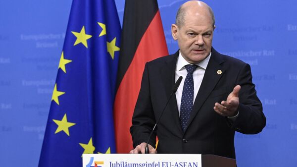 German Chancellor Olaf Scholz delivers a press conference during the EU-ASEAN (Association of Southeast Asian Nations) summit at the European Council headquarters in Brussels on December 14, 2022 - Sputnik International