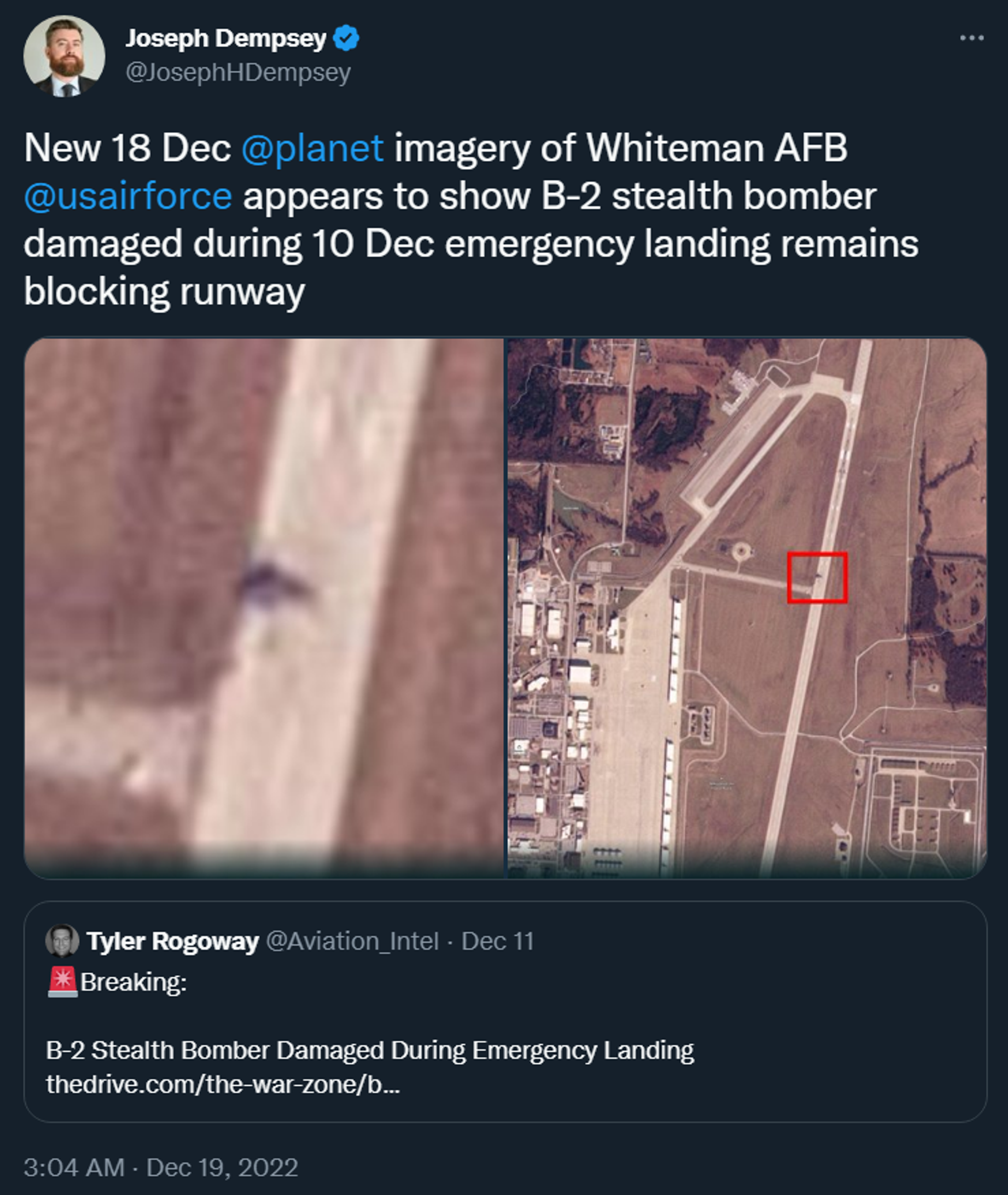 A tweet of satellite images appearing to show a damage USAF B2 Spirit stealth bomber stranded on the runway at Whiteman Air Force Base in Missouri - Sputnik International, 1920, 20.12.2022