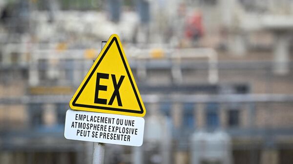 A picture taken on November 28, 2022, shows a GRTgaz compressor station behind a sign reading location where an explosive atmosphere may occur, in Morelmaison, eastern France - Sputnik International