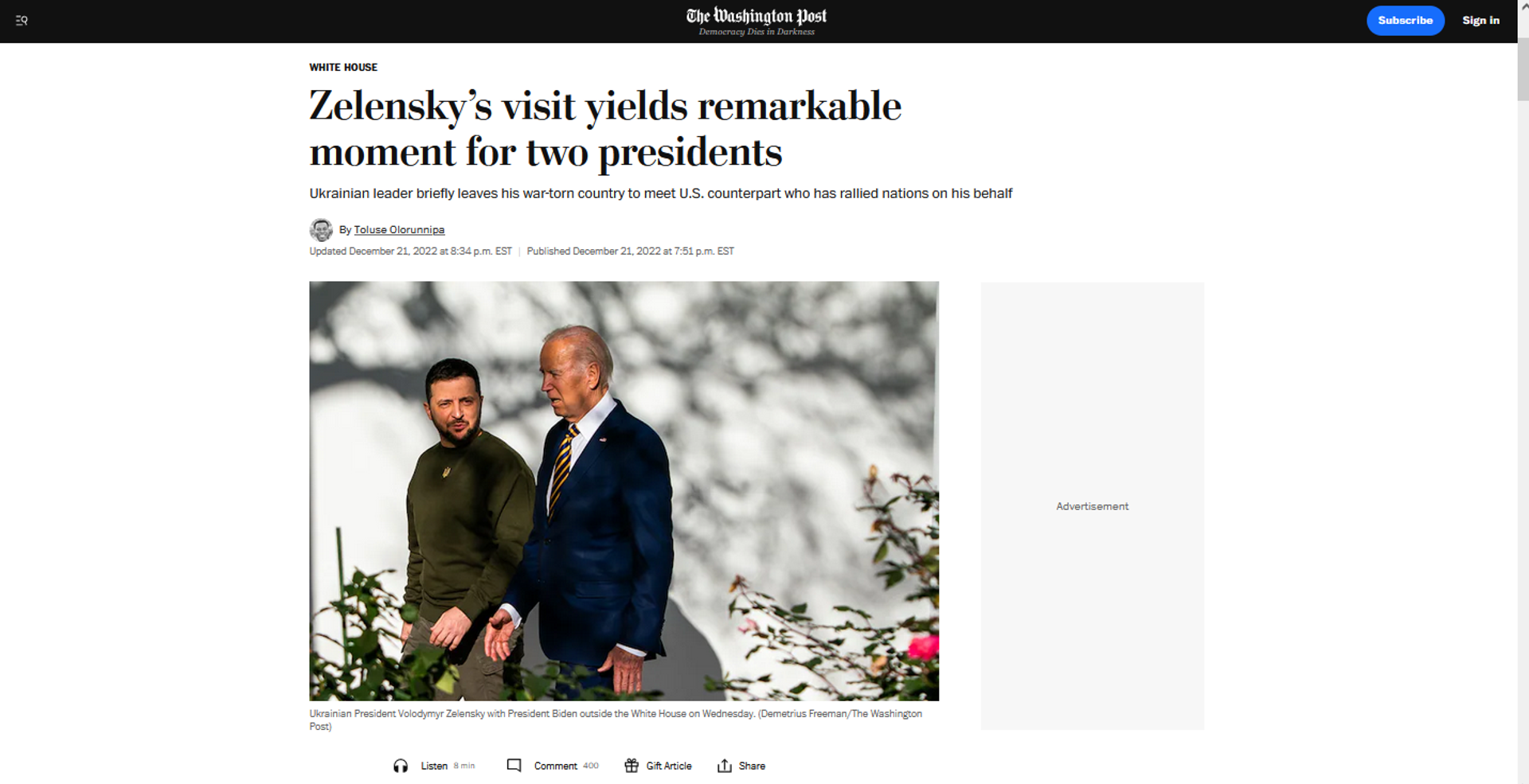 Screengrab of Washington Post's laudatory article praising Presidents Biden and Zelensky.  - Sputnik International, 1920, 22.12.2022