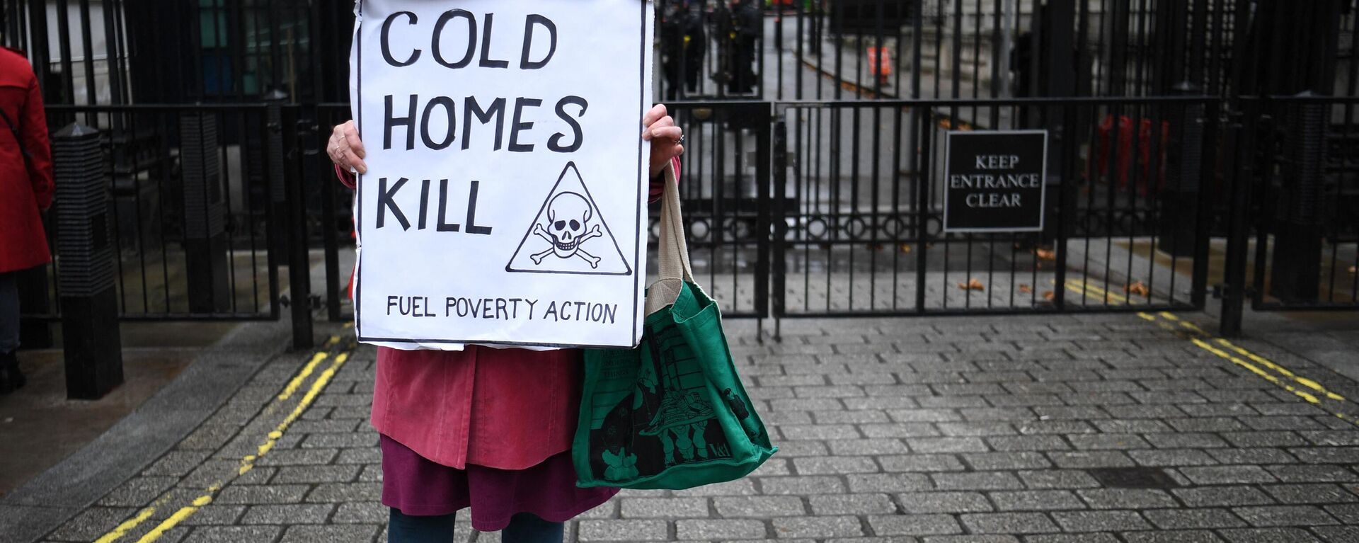 A protestor holds a placard highlighting the excess winter deaths caused by fuel poverty - Sputnik International, 1920, 23.12.2022
