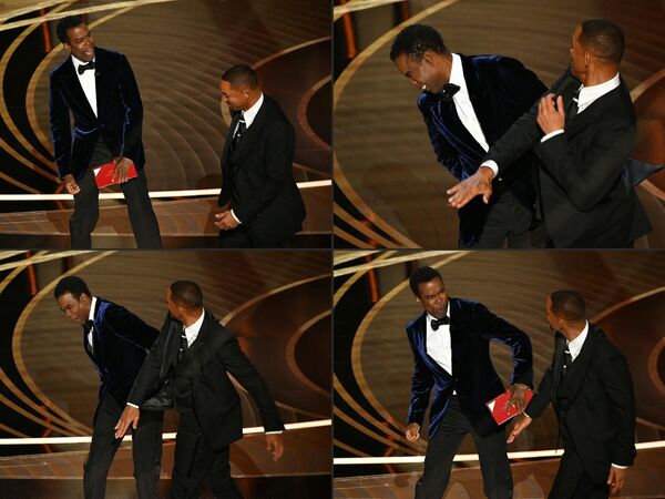 This combination of pictures created on March 28, 2022, shows US actor Will Smith (R) approaching comedian Chris Rock onstage and slaping him during the 94th Oscars at the Dolby Theatre in Hollywood, California on March 27, 2022. - Sputnik International
