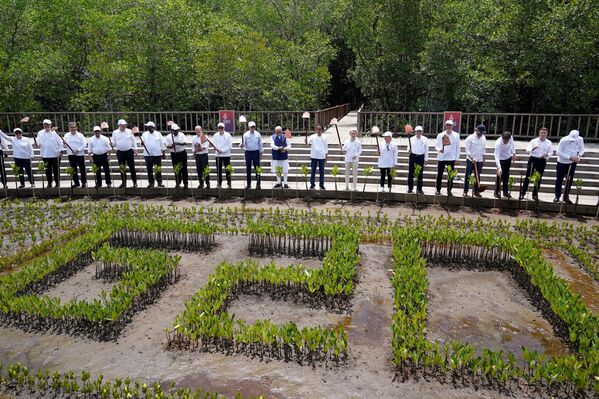 G20 leaders raise their garden hoes for a group photo during a tree planting event at the Taman Hutan Raya Ngurah Rai Mangrove Forest on the sidelines of the G20 summit meeting in Nusa Dua, on the Indonesian resort island of Bali on November 16, 2022. - Sputnik International
