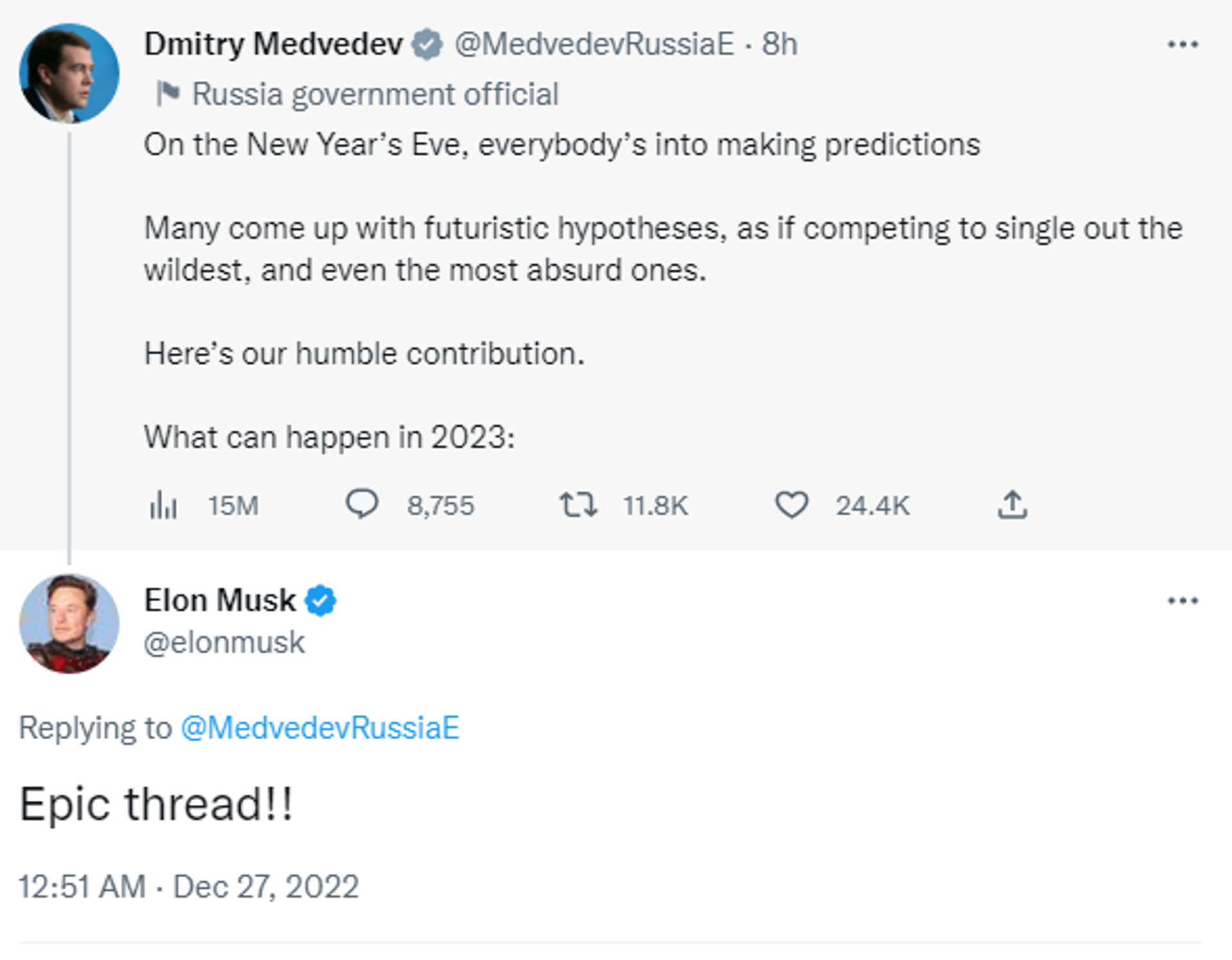 Twitter screenshot of Elon Musk responding to a post by Dmitry Medvedev, Deputy Chairman of the Russian Security Council. - Sputnik International, 1920, 27.12.2022