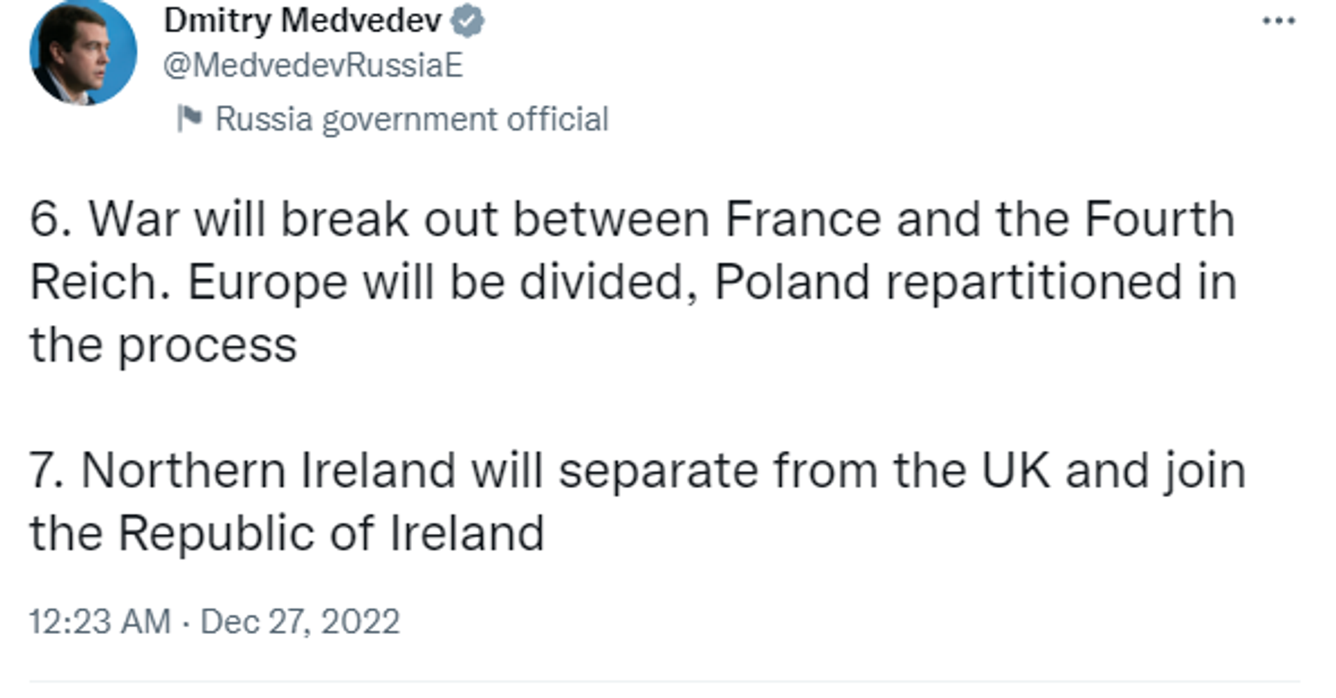 Twitter screenshot of a post by Dmitry Medvedev, Deputy Chairman of the Russian Security Council. - Sputnik International, 1920, 27.12.2022