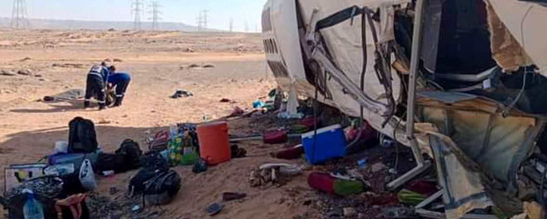 A picture shows the remains of a bus at the site of the crash on a road between the Egyptian town of Aswan and the famed Abu Simbel temple in southern Egypt on July 7, 2022. - A bus collided with a truck in southern Egypt killing nine Sudanese and injuring dozens of other people Thursday, official media reported. The bus carrying the Sudanese and truck loaded with ice crashed on the desert route between Abu Simbel and Aswan, near the Sudanese border, state-run newspaper Akhbar Al-Youm reported. - Sputnik International, 1920, 27.12.2022