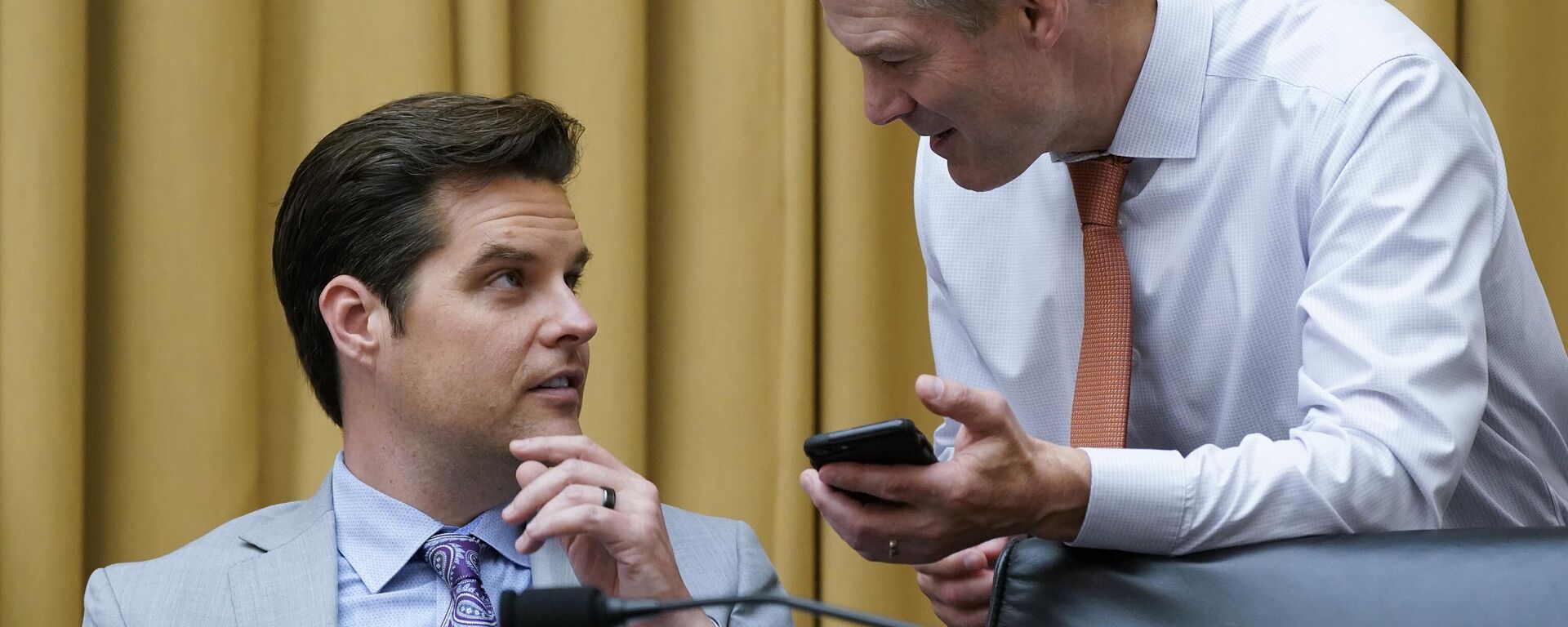 Rep. Matt Gaetz, R-Fla.,left, and Rep. Jim Jordan, R-Ohio, confer as the House Judiciary Committee holds an emergency meeting to advance a series of Democratic gun control measures, called the Protecting Our Kids Act, in response to mass shootings in Texas and New York, at the Capitol in Washington, Thursday, June 2, 2022. - Sputnik International, 1920, 16.10.2023