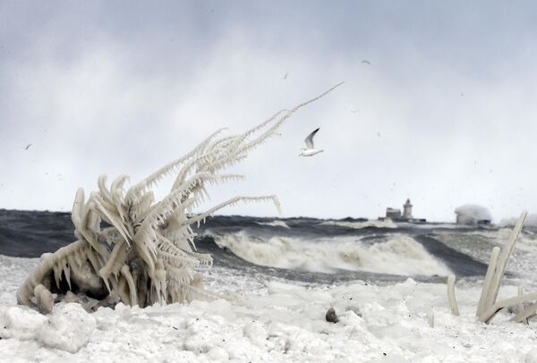 Waves off Lake Erie crash on the ice-covered shore west of downtown Cleveland, on Wednesday 7 January 2015. A blast of arctic air was expected to stick around Ohio a few more days and wind chills were forecast to plummet as low as 25 to 30 degrees below freezing - Sputnik International