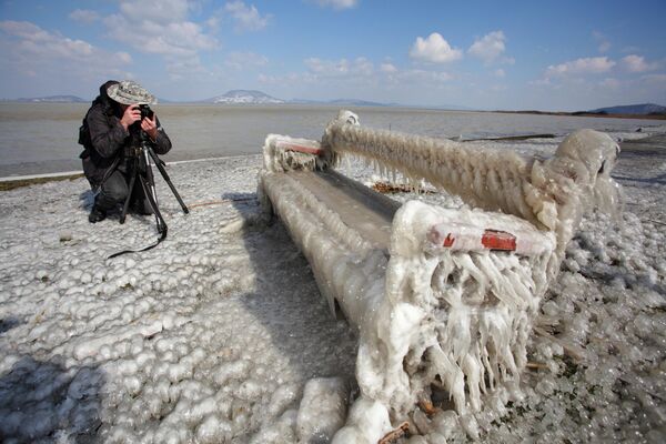 An ice covered bench is photographed by a man on the shore of Lake Balaton in Balatonfenyves, 155km south-west of Budapest, Hungary on Saturday 16 March 2013, after water blown by high winds froze while dripping off in sub-zero temperatures. - Sputnik International