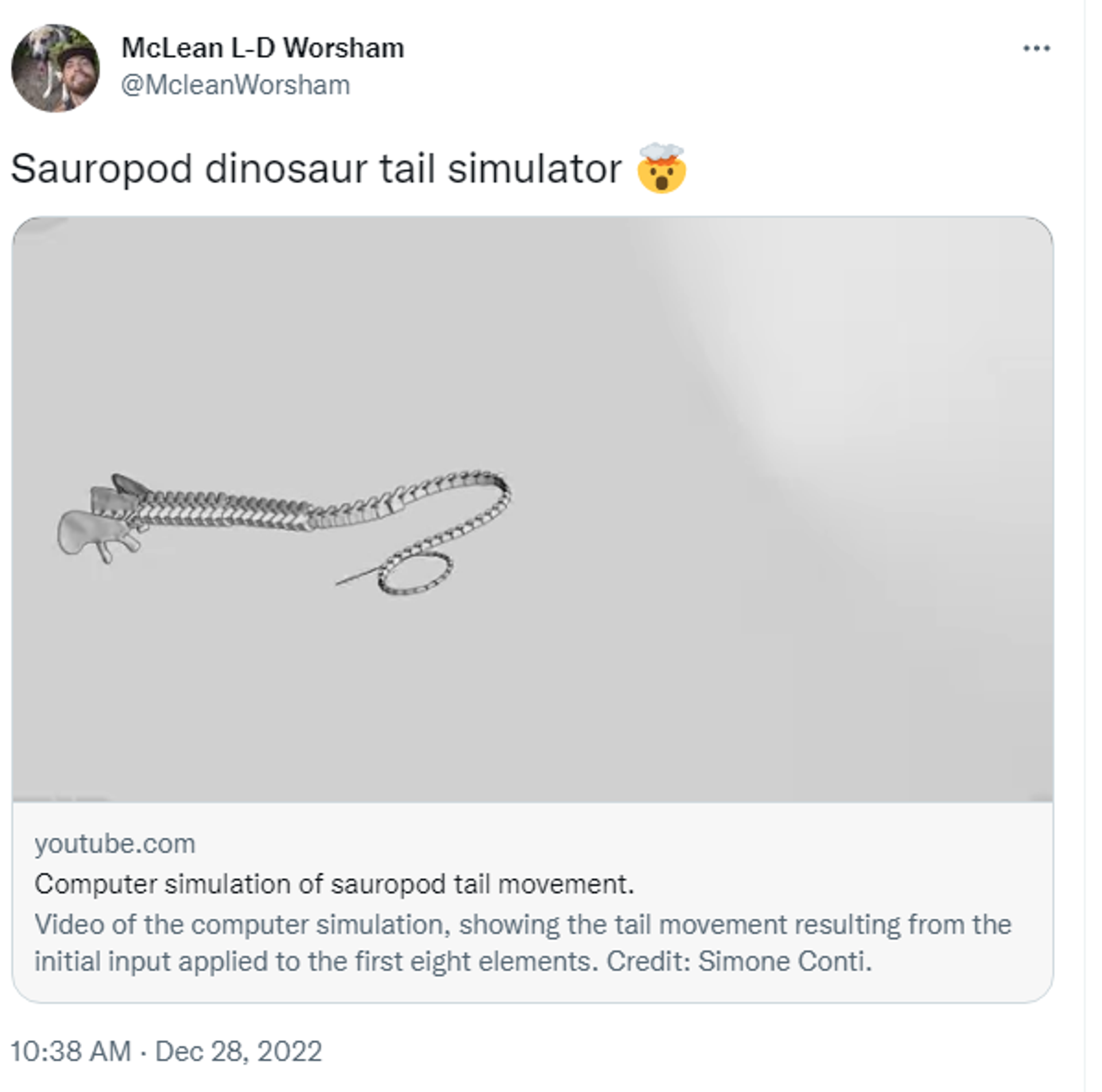 Twitter screenshot referencing video of the computer simulation showing the tail movement of a saurpod dinosaur. Credit: Simone Conti. - Sputnik International, 1920, 28.12.2022