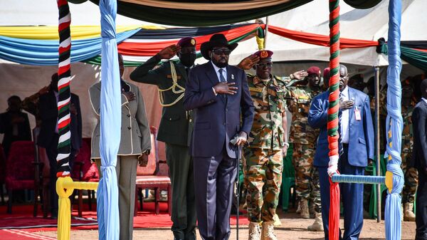South Sudan’s President Salva Kiir (C) attends the departure ceremony of the South Sudan People's Defence Forces (SSPDF) as they are deployed to the Democratic Republic of Congo (DRC) at the SSPDF Headquarters in Juba on December 28, 2022. - South Sudan will send 750 soldiers to the eastern Democratic Republic of Congo soon to join a regional force fighting a rebel offensive, a military spokesman said Wednesday. - Sputnik International