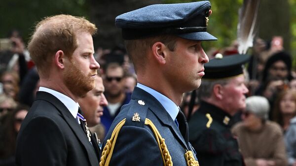 Britain's Prince William, Prince of Wales (R) and Britain's Prince Harry, Duke of Sussex  follow the coffin of Queen Elizabeth II, as it travels on the State Gun Carriage of the Royal Navy, from Westminster Abbey to Wellington Arch in London on September 19, 2022 - Sputnik International