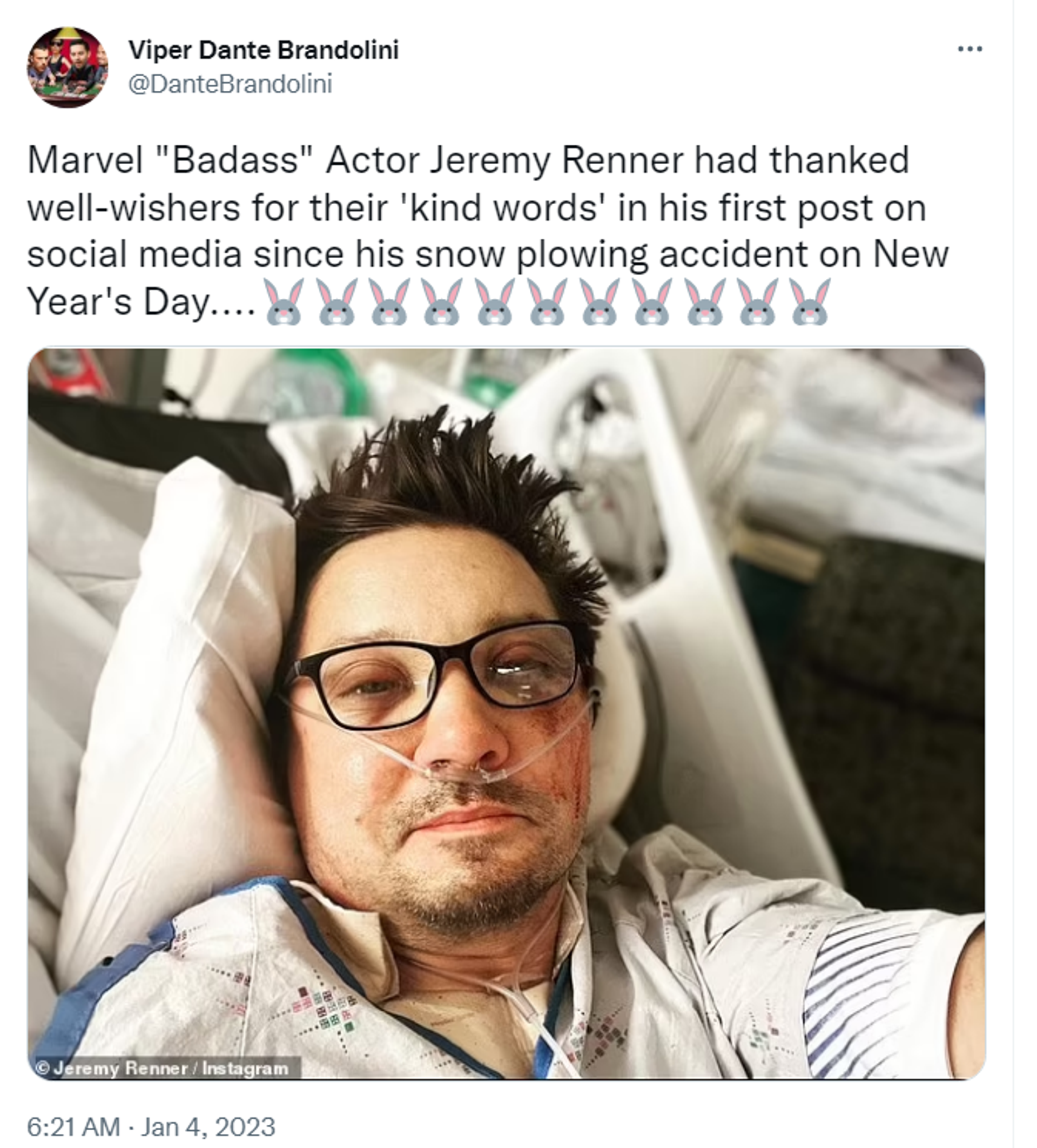 Twitter screenshot featuring social media post of Marvel actor Jeremy Renner. - Sputnik International, 1920, 04.01.2023