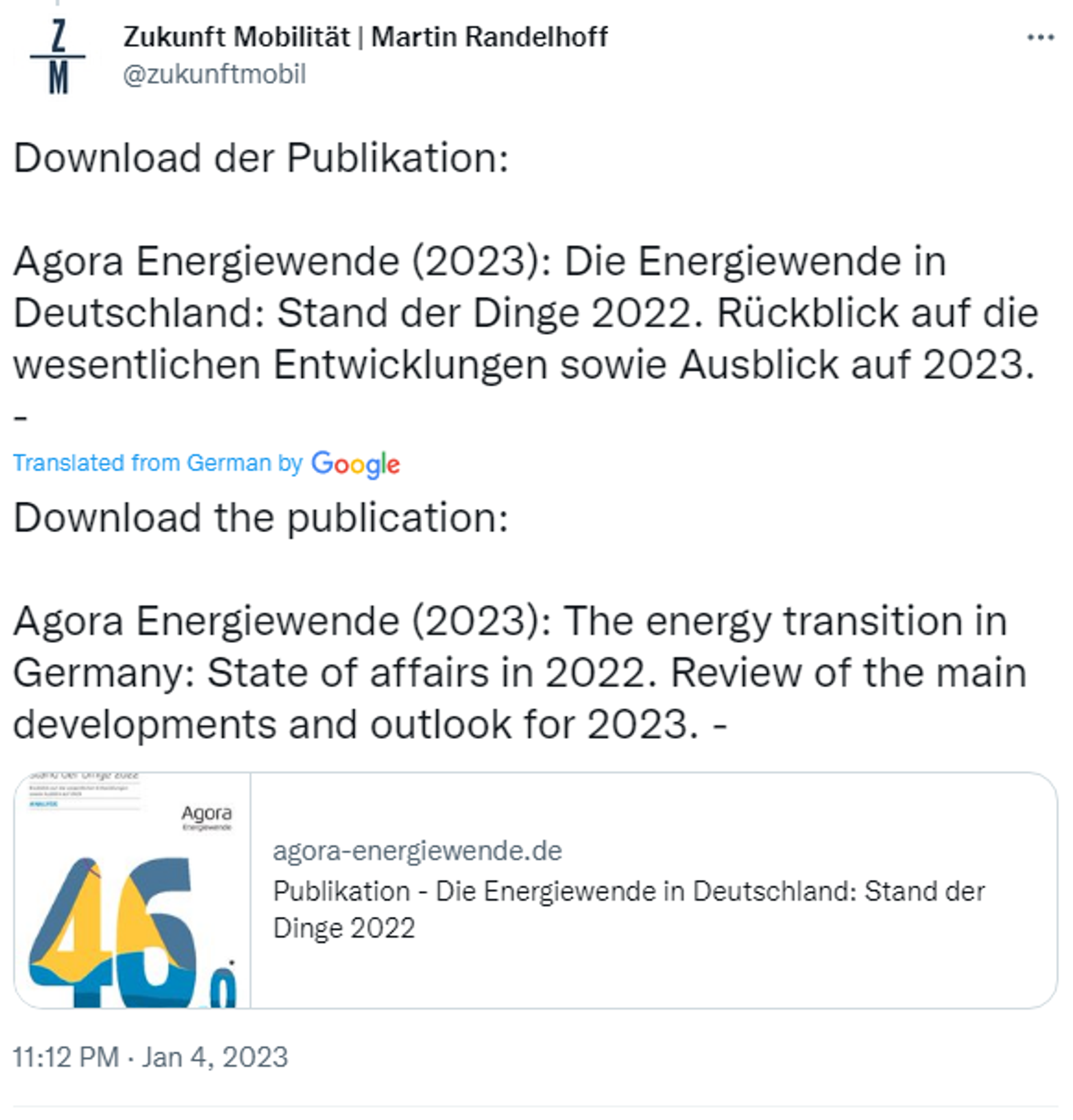Screenshot of twitter account of German  climate think tank Agora Energiewende. - Sputnik International, 1920, 05.01.2023