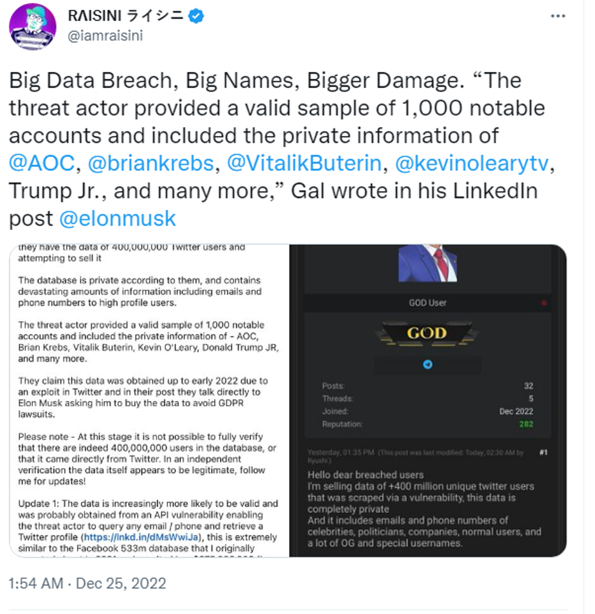Twitter screenshot featuring LinkedIn post by Alon Gal, co-founder of Israeli cybersecurity-monitoring firm Hudson Rock. - Sputnik International, 1920, 06.01.2023