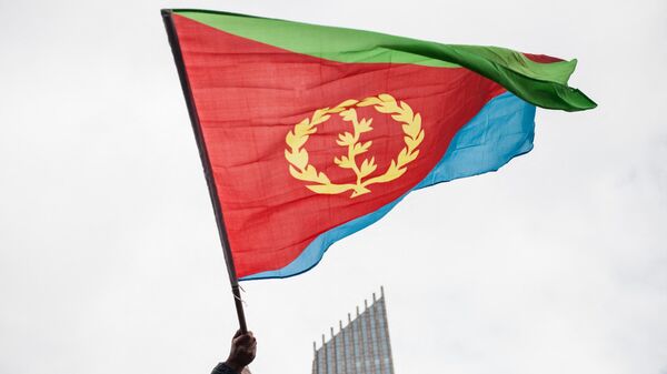 A man waves an Eritrean national flag as hundreds of Eritreans demonstrate in front of the African Union headquarters in support of the UN Inquiry report and asking for measures to be taken against Eritrea on June 26, 2015 in Addis Ababa. - Sputnik International