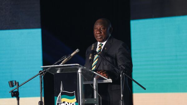 South African President and leader of the ruling African National Congress (ANC) Cyril Ramaphosa delivers a keynote address during the during 111th Anniversary gala dinner celebration at the Imvelo Safari in Bloemfontein on January 7, 2023. - Sputnik International