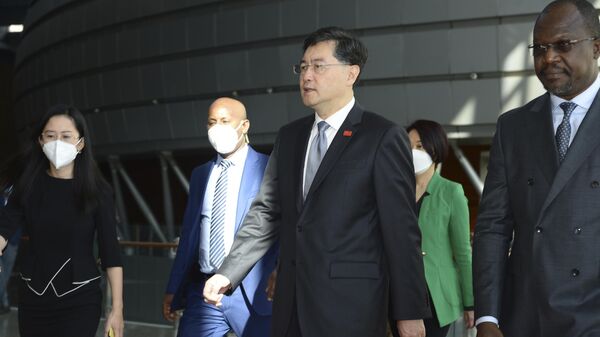China's Foreign Minister, Qin Gang, center, arrives at the African Union headquarters in Addis Ababa, Ethiopia, Wednesday, Jan. 11, 2023.  - Sputnik International