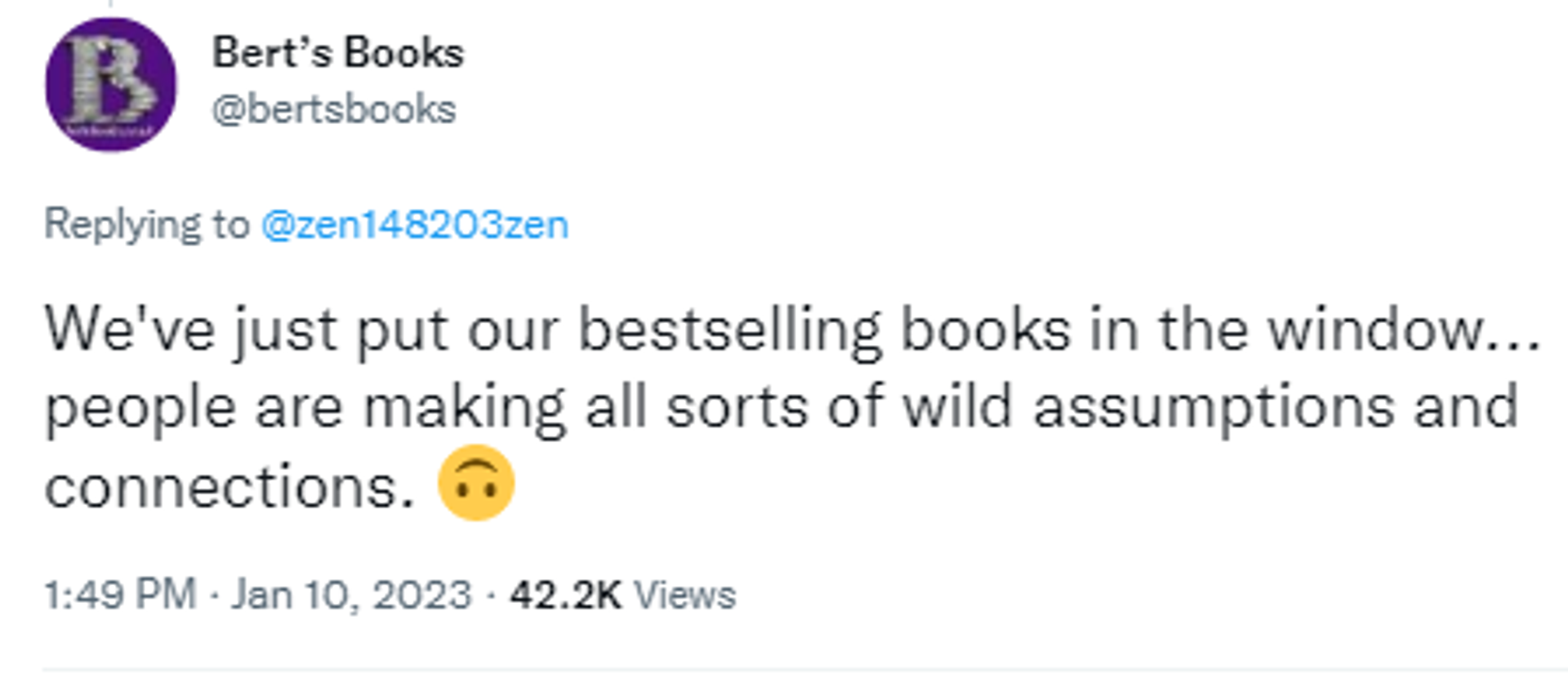 Screenshot of Twitter account of Bert’s Books bookstore in Swindon, England. - Sputnik International, 1920, 13.01.2023