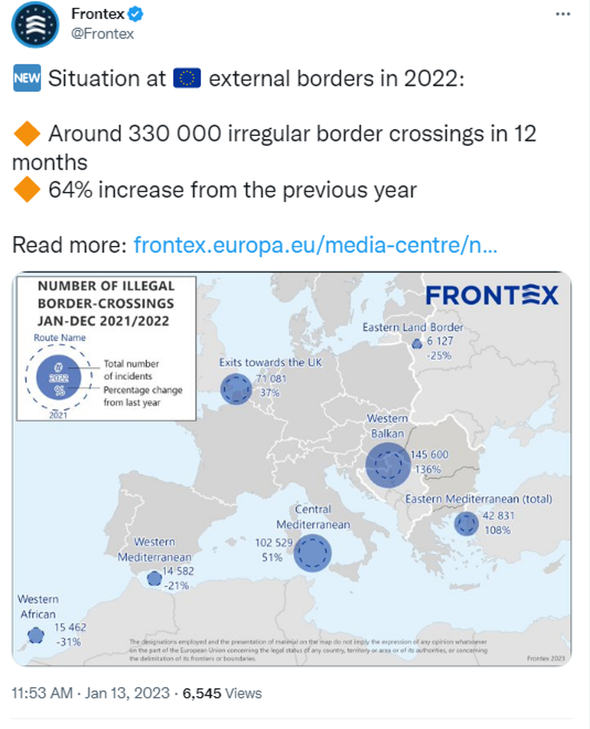 Screenshot of Twitter account of European Border and Coast Guard Agency, Frontex. - Sputnik International, 1920, 13.01.2023