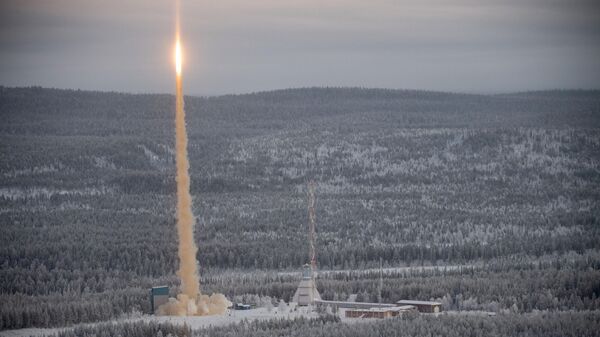 Picture taken on November 23, 2022 shows the launch of the SubOrbital Express 3 suborbital rocket from the Esrange Space Center in Jukkasjärvi, northern Sweden. (Photo by Marc PREEL / AFP) - Sputnik International
