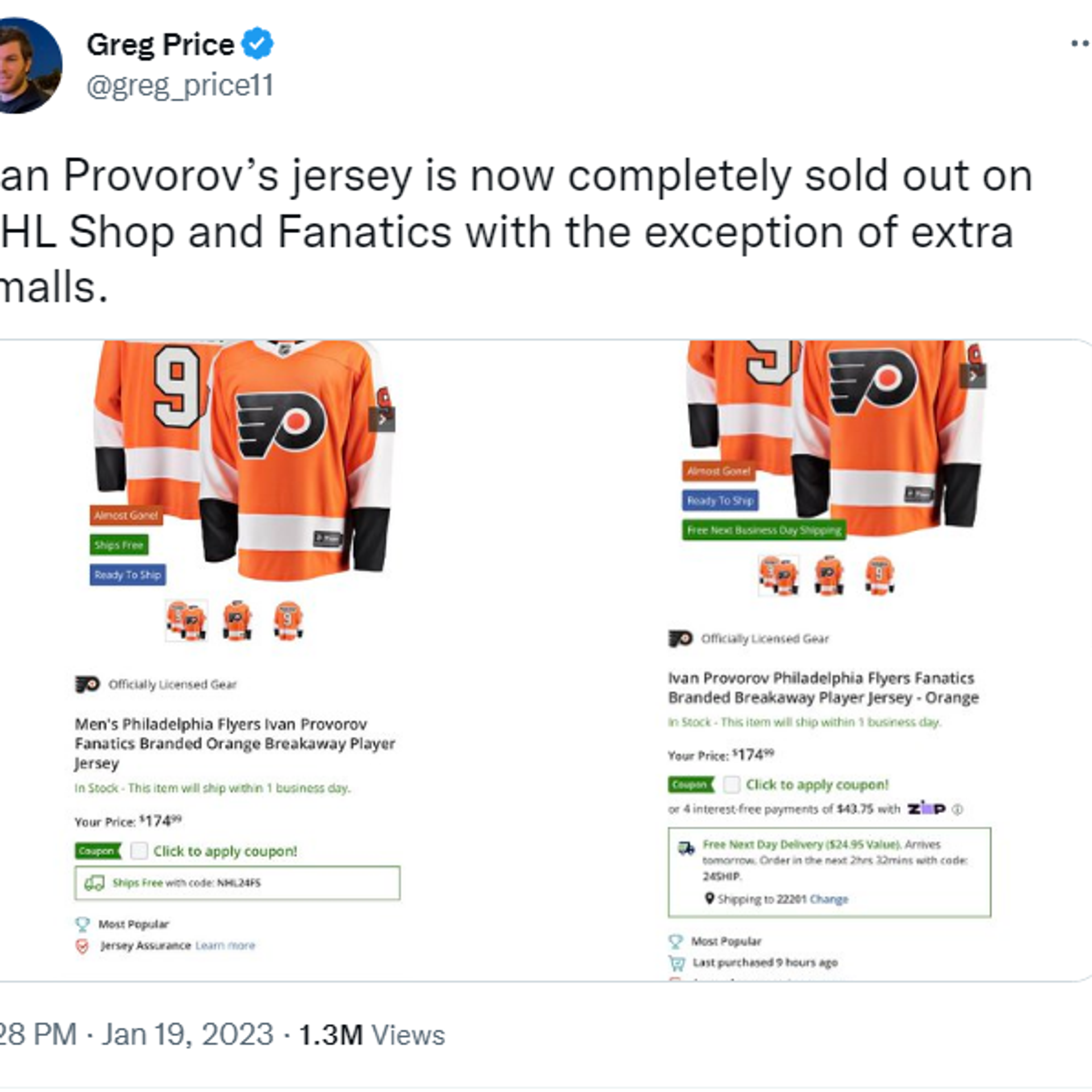Price] Ivan Provorov's jersey is now completely sold out on NHL Shop and  Fanatics with the exception of extra smalls. : r/hockey