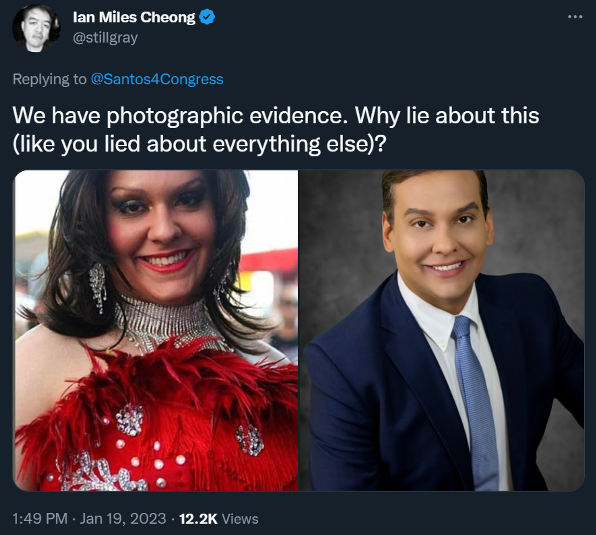 Journalist Ian Miles Cheong tweets pictures of Republican New York Congressman George Santos (right) and a Barzilian drag queen he says are one and the same - Sputnik International, 1920, 20.01.2023