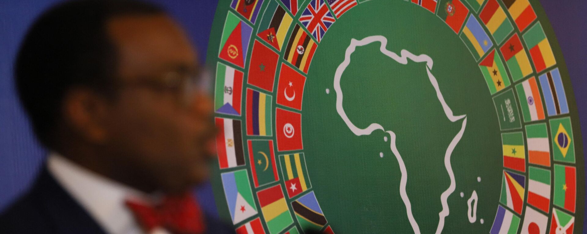 A logo with various national flags of countries around the world are seen as Akinwumi Adesina, president of the African Development Bank Group, speaks at the African Development Bank’s Annual meeting in Accra, Ghana, on May 23, 2022.  - Sputnik International, 1920, 20.01.2023